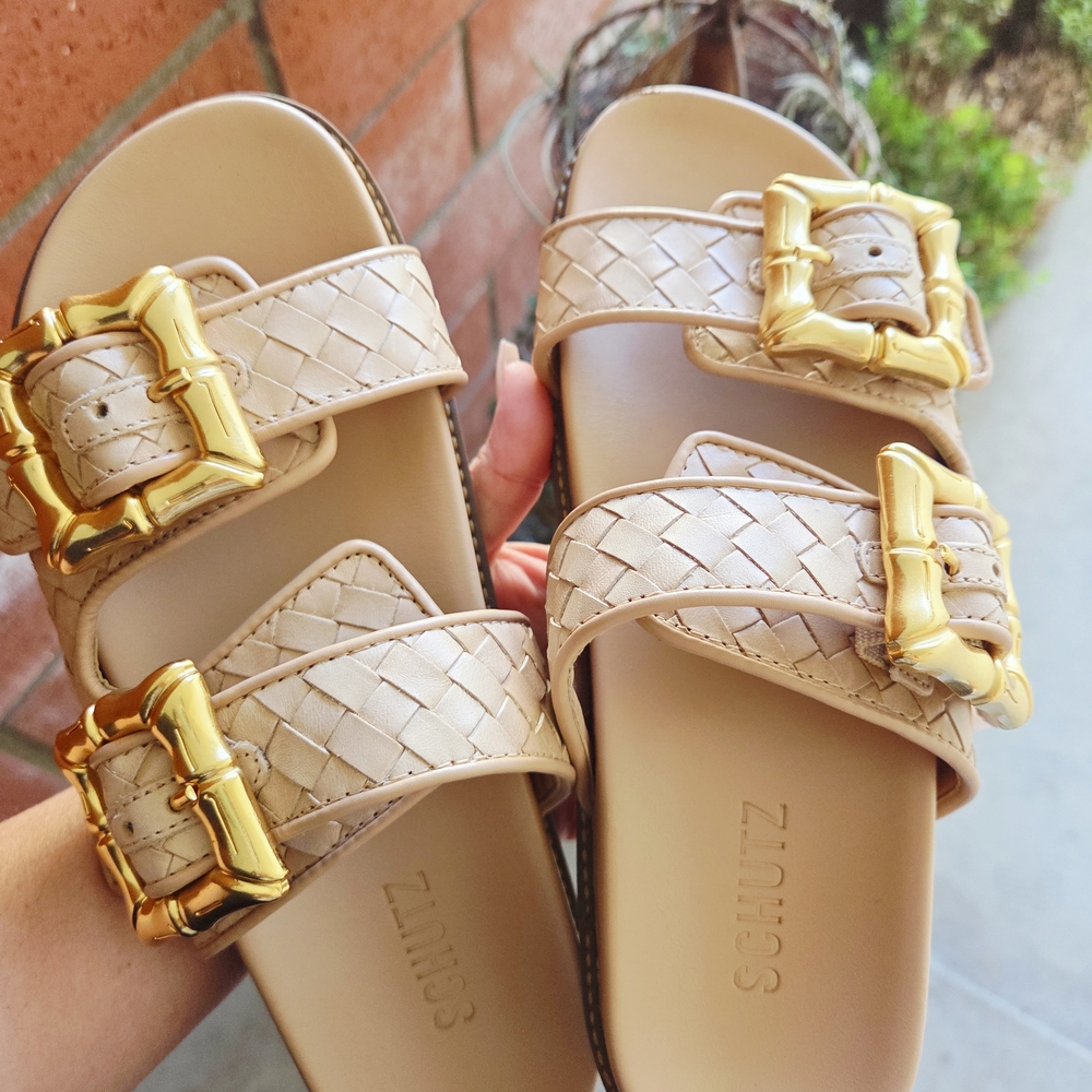 SCHUTZ Beige Sandals with Gold Buckles